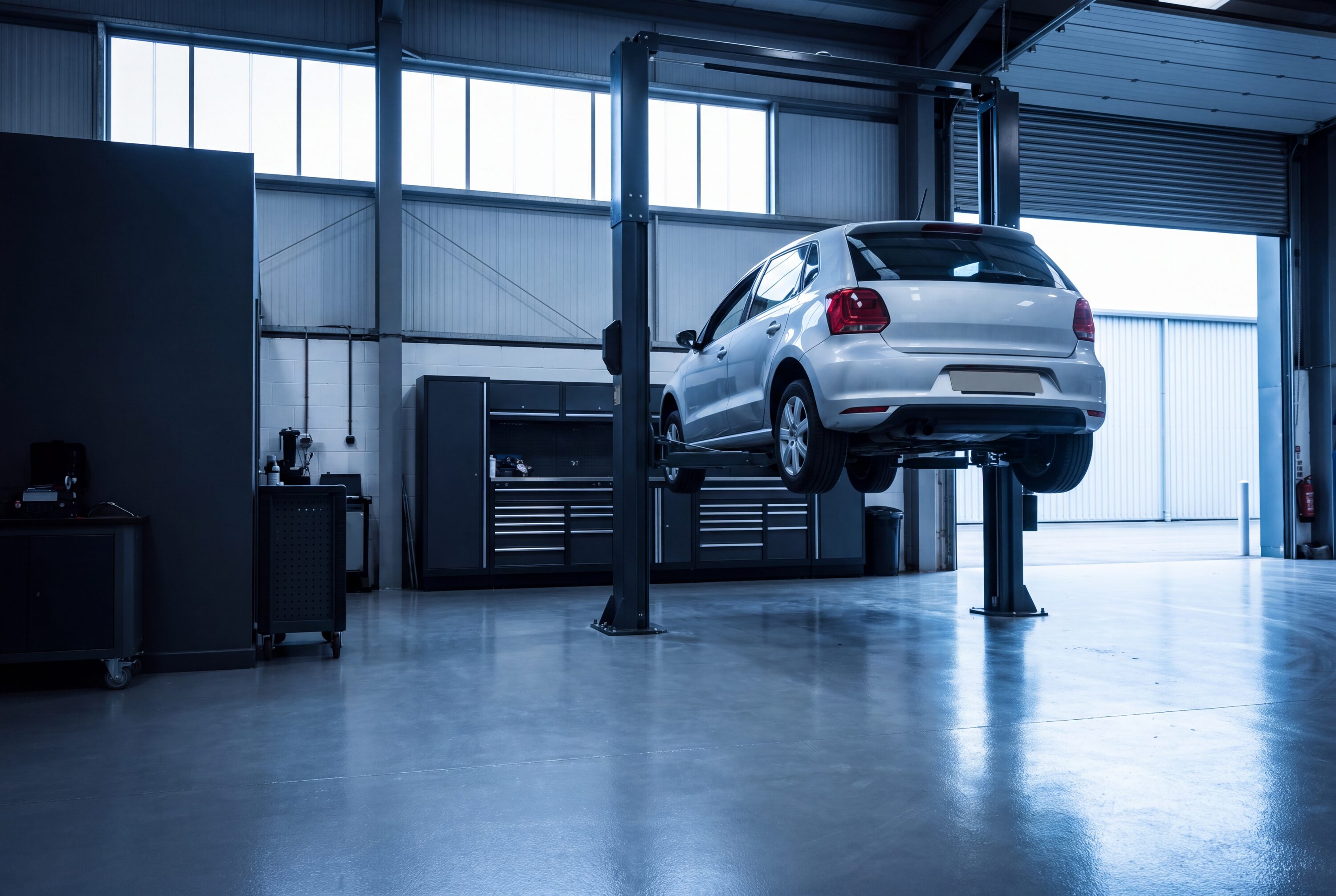 A clean, modern car workshop with a hatchback raised on a two-post lift (illustrative image)